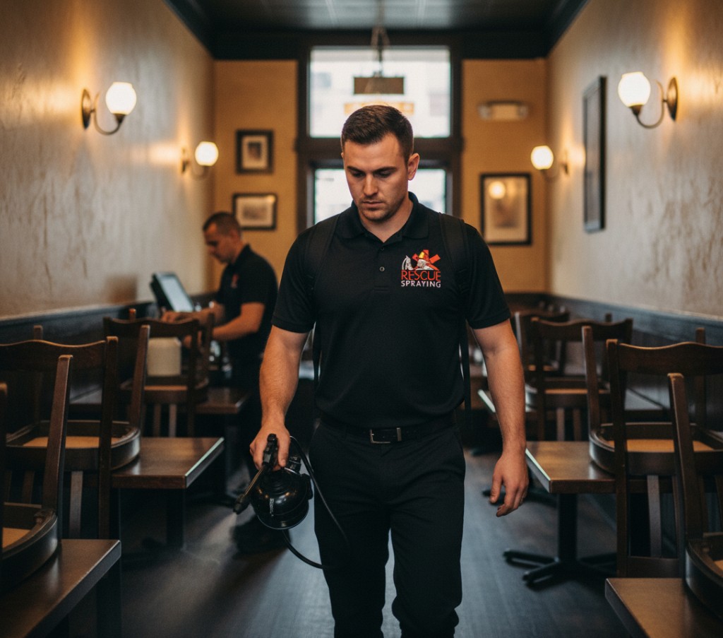 Technician spraying disinfectant mist along the aisle of a community hall with rows of chairs.