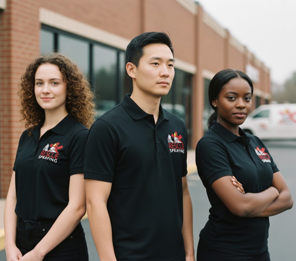 Technician with sprayer beside a Rescue Spraying van on a residential street.