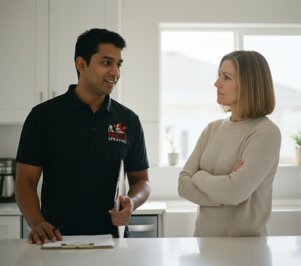 Technician and customer reviewing paperwork on a front porch.