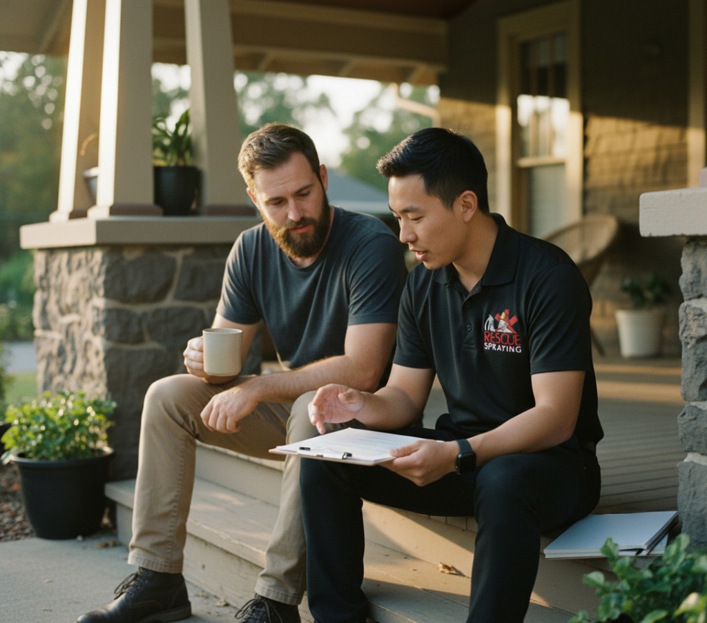 Technician shaking hands with a customer at the front door after service.