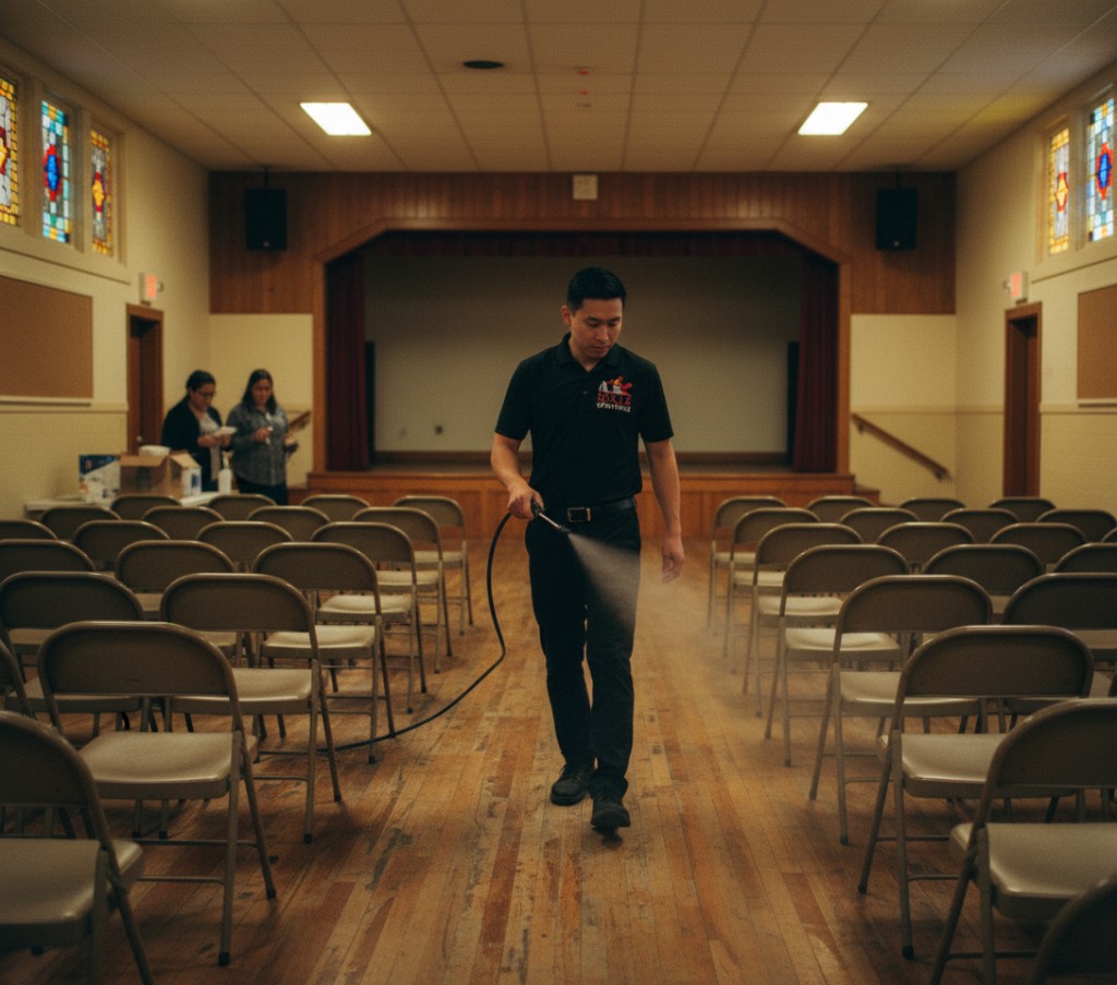 Rescue Spraying team members collaborating inside a local business.